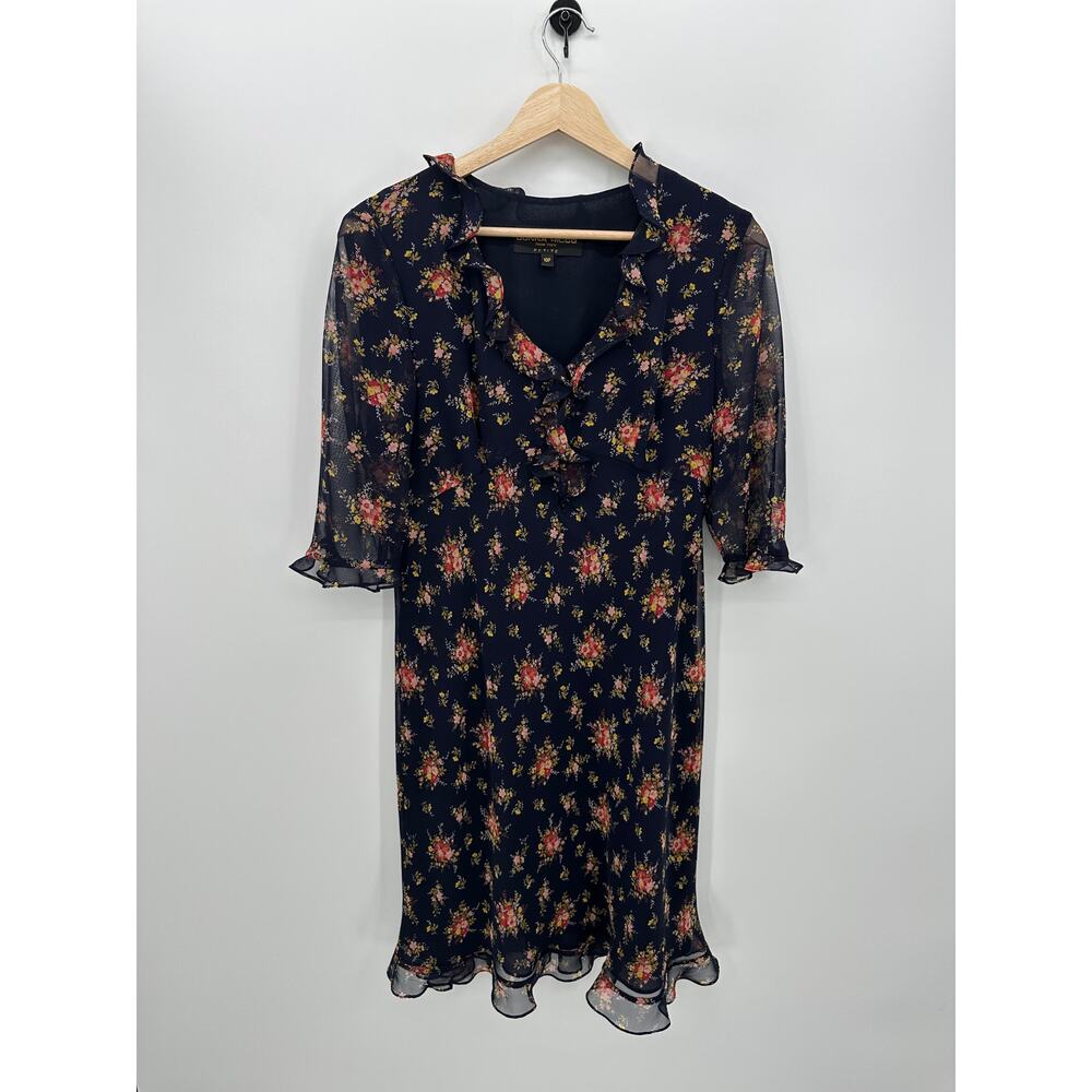 Donna Ricco Floral Midi Dress Size 10P Feminine Ruffle Dainty Modest Sheer